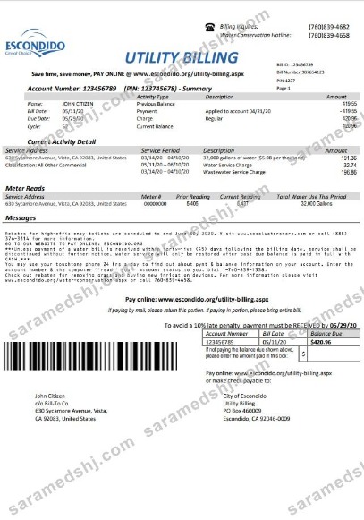 USA California Escondido City of Choice utility bill template in Word and PDF format